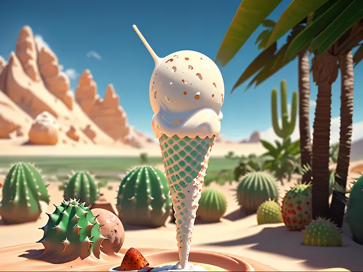 CONO DE HELADO DE CREMA CON SABORES VAINILLA Y FRUTILLA, EN UN OASIS EN EL DESIERTO CON ROCAS Y AGUA Y CACTUS, MEJOR CALIDAD DE IMAGEN, REDSHIFT, RAY TRACING