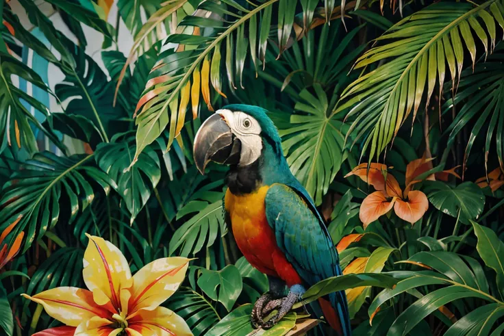 Macaw with vivid colors, realistic image, detailed image, oil painting, paint splashes, tropical flowers and foliage around the toucan, High resolution, Lighting should be dynamic and playful.