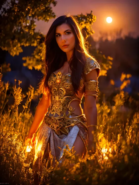 Generate a hyper-realistic image that employs the shallow depth of field technique, Head and sholders portrait to highlight a pretty Celtic Warrior girl wearing a Celtic combate costume, at ((night in a Battlefield)) setting, (((under the moonlight))). The...