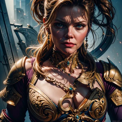 Epic Beautiful painting of Michelle Pfeiffer as perfect gorgeous female warrior, shapeless long fullbody, perfect features, (wearing extremely baroque armor Chainmail_Armor), abstract beauty, near perfection, pure form, dynamic pose, ethereal background, (...