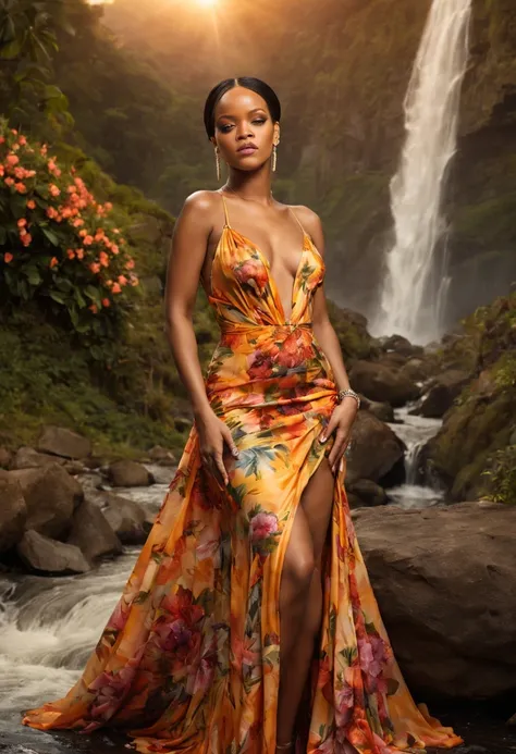 beautiful young lady (Rihanna), (27 anos), vestido longo Florido, de corpo inteiro, rocher, Very realistic waterfall, coucher du soleil, fleurs