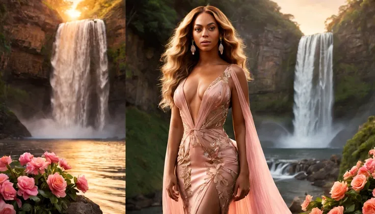 beautiful young lady (Beyoncé), (27 anos), vestido longo Rosa, de corpo inteiro, rocher, Very realistic waterfall, coucher du soleil, fleurs