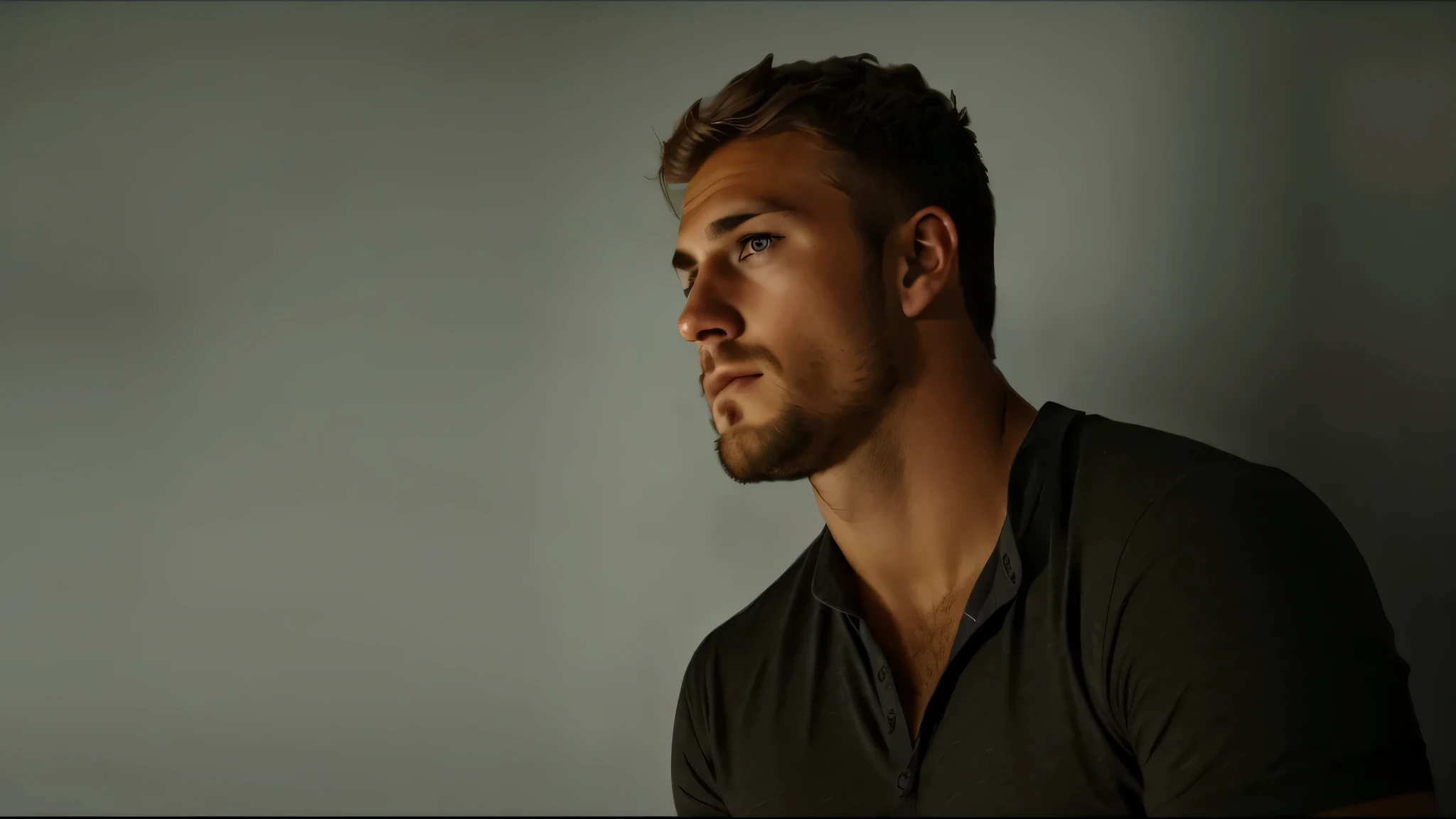 there is a man that is looking up at something, looking to his left, looking to his side, looking to the side off camera, clay wilson, against dark background, photoshoot, left profile, photo from a promo shoot, sun behind him, mid-shot of a hunky, commerc...