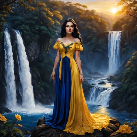 beautiful young lady (Branca de Neve), (27 anos), vestido longo Amarelo com Azul Escuro, de corpo inteiro, rocher, Very realistic waterfall, coucher du soleil, fleurs