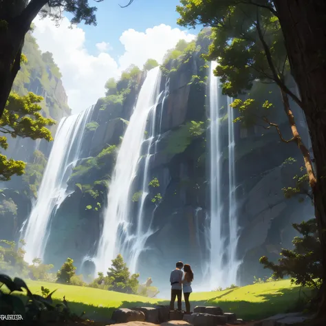 couple sex, natural light, big forest, waterfall