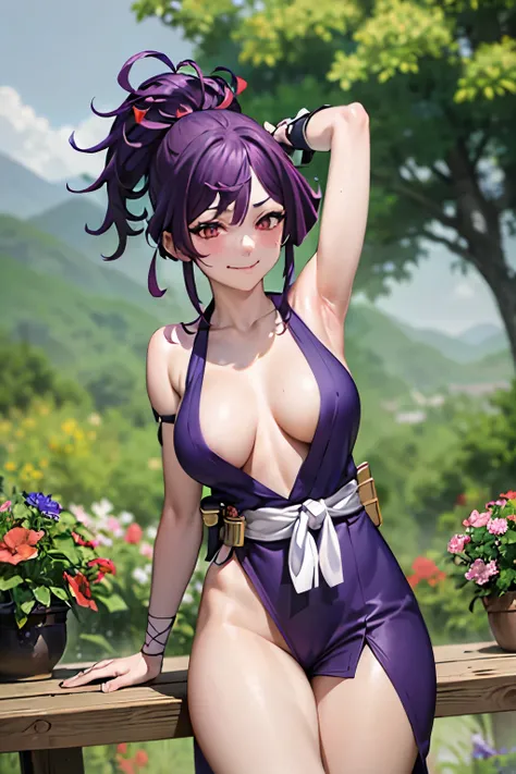 (best quality:1.1), (masterpiece:1.2), portrait, 
1girl, yuzuriha_(jigokuraku), purple hair, brown eyes, ninja, open clothes, cleavage, small breasts, topknot, medium hair, breasts apart, white obi, smirk, outdoors, (blush:1.1), flowers,
 