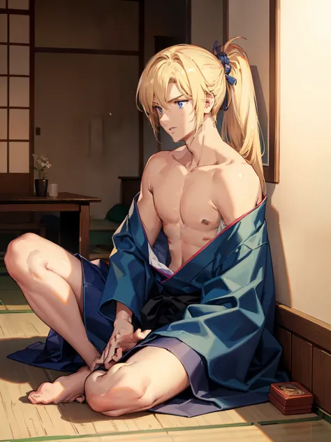 1man，Masculinity，blond hair，ponytail，blue eyes，no bra，A Japanese-style room，sitting，late at night，alone