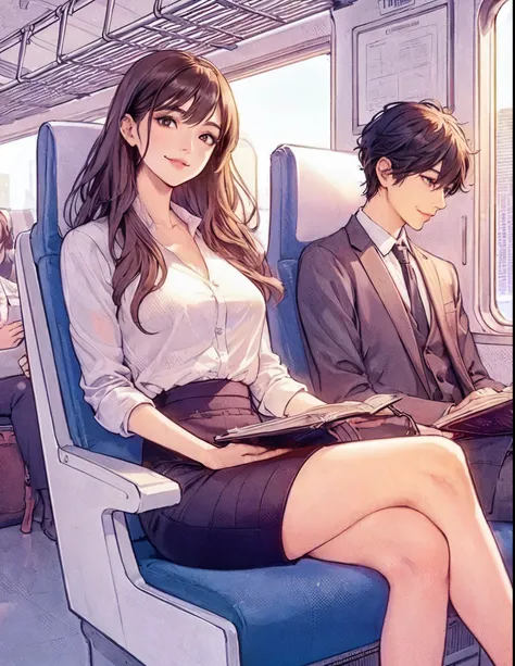 1lady solo, (sitting on train seat), (crossed legs), (stylish outfit), mature female, /(dark brown hair/) bangs, light smile, (masterpiece best quality:1.2) delicate illustration ultra-detailed, large breasts BREAK (reading magazine) BREAK (train indoors),...