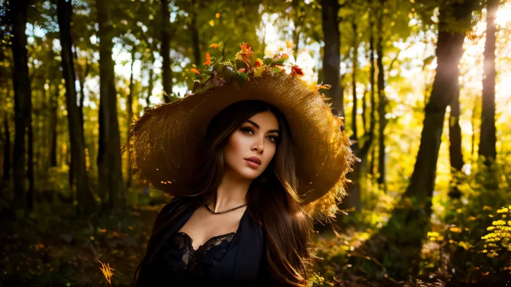 Generate a hyper-realistic image that employs the shallow depth of field technique, (((Head and sholders portrait))) to highlight a pretty Witch girl wearing a black Witch dress, at ((night in a creepy forest)) setting, (((under the moonlight))). The girl ...