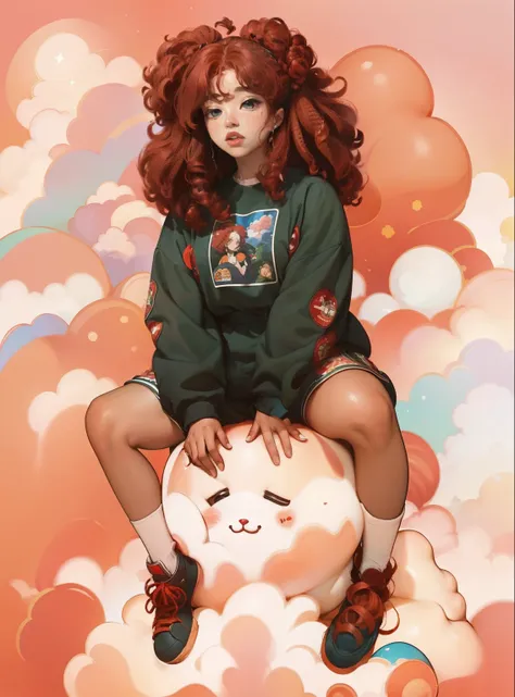 there is an african woman with red hair sitting on a cloud, sza, with curly red hair, sitting in a fluffy cloud, black girl ,clo...