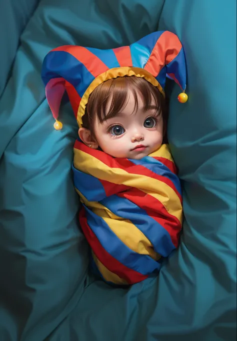 chibi baby girl with big eyes wrapped in a clown hat laying on a blue blanket, adorable digital painting, cute 3 d render, cute digital art, cute detailed digital art,  reflective, best quality, 4k, masterpiece:1.2, ultra-detailed, realistic, vivid colors,...