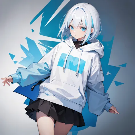 excellent quality, masterpiece, 1 girl,looking to the side,Bob hair with light blue inner color on white hair,wearing a hoodie with a uniform,black skirt