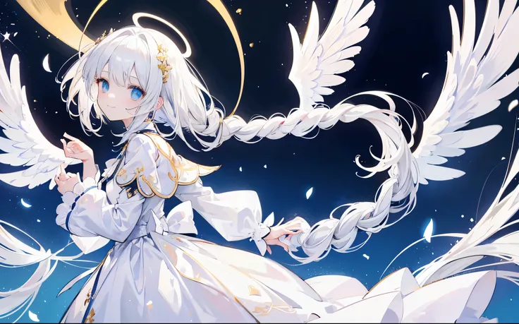 Beautiful white hair girl，angelic，Wearing a plain white dress，There is a halo above the head，French braid，long white hair，Standing in the golden wonderland，There is only one wing behind him，with smile，high and high