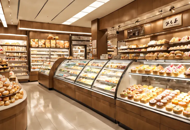 Underground food section of a Japanese department store, High Quality Products, Glass, sweets shop, Cake shop, Japanese sweets shop, Pastry shop, bakery, donut shop, delicatessen shop,, anime, (masterpiece), (highest quality), (Ultra high detail)