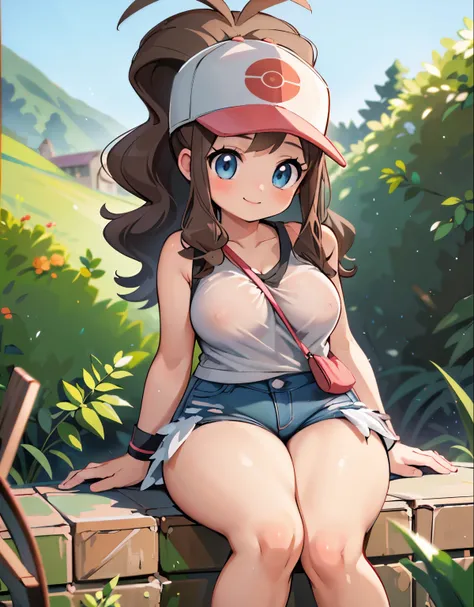 (best quality, highres, masterpiece:1.2), ultra-detailed, realistic:1.37, sketches, hilda pokemon, def1, teenage girl, sitting on her knees, curvy, visible thighs, chubby thighs, thick thighs, thighs in the foreground, body shape, mexican town, curious loo...