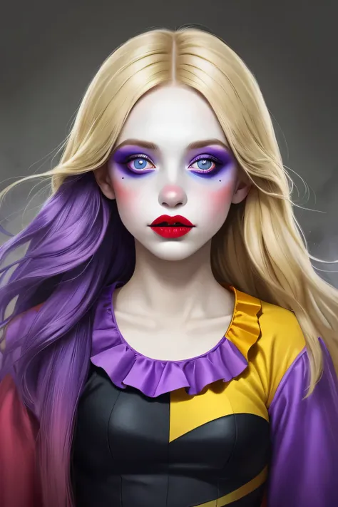 professional photo of a (dutch KIDS GIRL BLONDE :1.1),
she is wearing clown costume and she has very long purple hair,
detailed skin, detailed eyes, detailed clown makeup,
inside dusty circus arena,
volumetric fog, volumetric dust,
photo made with Canon EO...