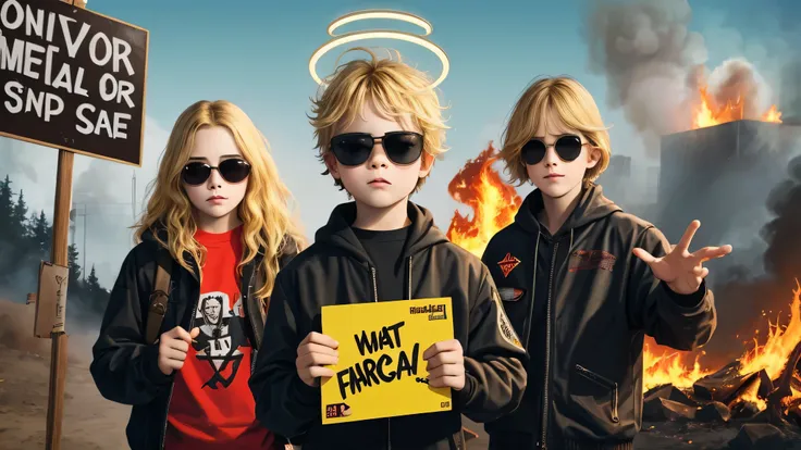 image of a kids girls blonde with sunglasses and a sign, halo on fire, heavy metal band promo,