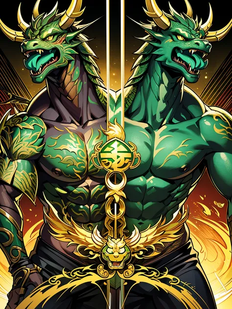 Muscular body (The ancient Green Japanese Dragon head high detailed mythical Dragon+Japanese mythology+full of life Black Pant), Ultra-realistic 3D rendering, (masterpiece+ the best quality+high-detail), best visual effects, perfect shot, Get eye-catching ...