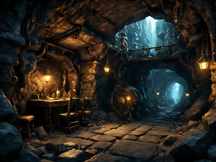 underground scenery,dwarf underground mall,Kolobokkur:cute,fantasy,underground dwarf world,wonderful,rock surface,Light from the ceiling,crystallization,Detailed details,octane rendering,steampunk,Kobo,blacksmith