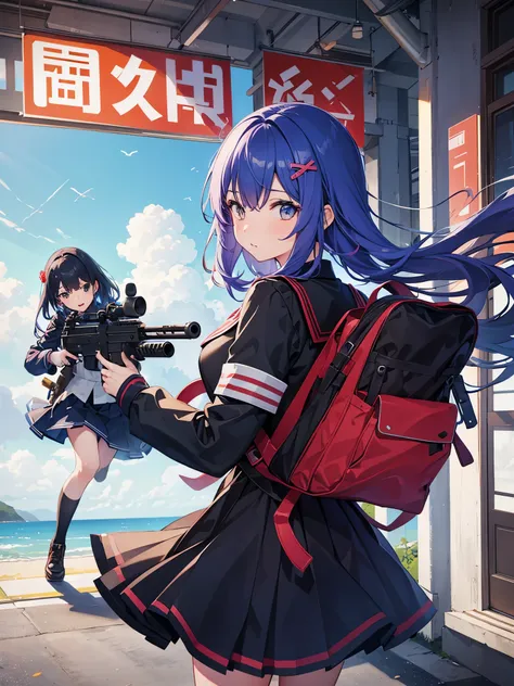 Seifuku, girls, assault rifle, colorful hair