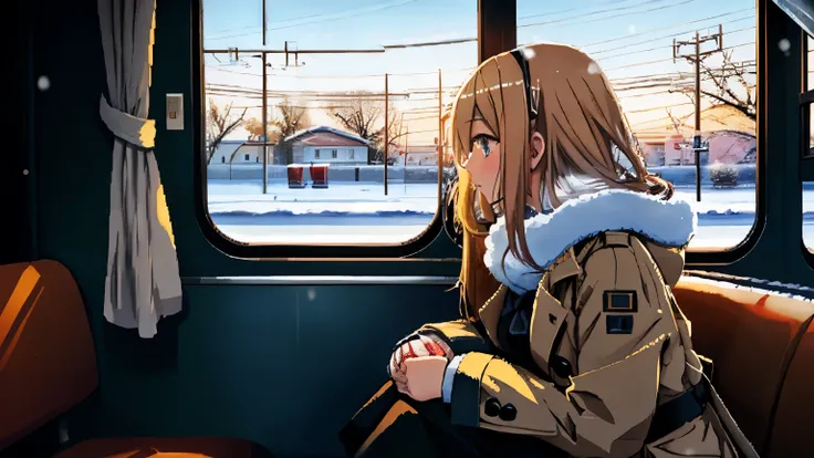 Hatsune Miku wearing a brown winter trench coat。on the train。Winter scenery from the car window。araffe sitting on a bench looking out the window at a snowy city, cold snow outside, looking out the window, In winter, cold winter, Lonely girl waiting for tra...