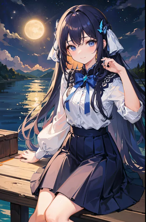 ((masterpiece:1.2, best quality)), 1 girl, 16 years old，alone, Dark blue gradient hair,Star发饰, long hair, skirt, aurora, night,moon, Star (Sky), Sky, 黑色skirt, night Sky,, Star，Sky, pale pink blue eyes, ribbon, 蓝色skirt, 紫色skirt，Star花纹，Smile, hair ribbon, su...