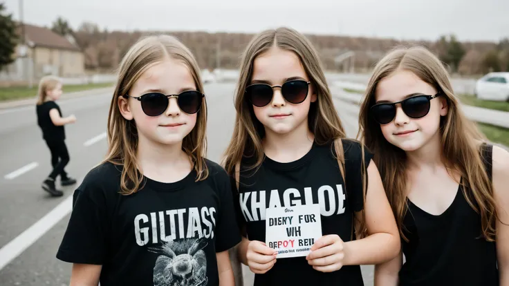 image of a kids girls blonde with sunglasses and a sign, halo on fire, heavy metal band promo,