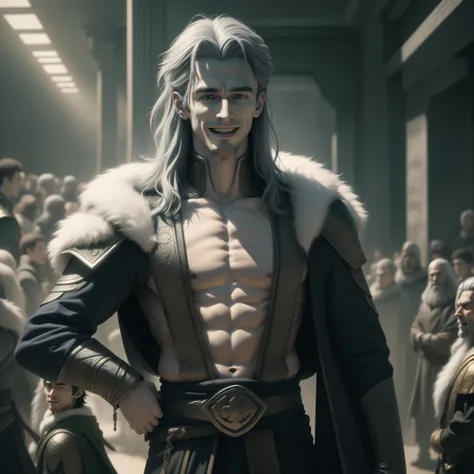 (best quality,4k,8k,highres,masterpiece:1.2),ultra-detailed, 1man, Norse god Loki, 7 Tall, very thin, very pale skin, ash grey hair, long gaunt face, gleeful eyes, laughing gleefully, dressed in furs, surrounded by people that dont notice his presence, dra...