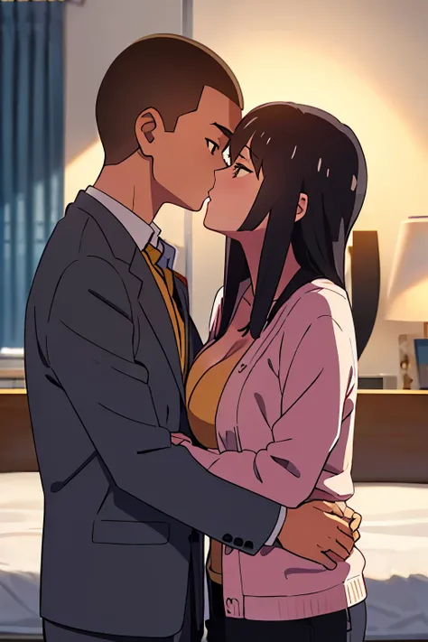 shinkai makoto, kimi no na wa., 1boy, buzzcut,office suit, boy caressing girls body, passionate hug, face to face, kiss, deep kiss, couple, dating, 1girl, bangs, black hair, brown eyes, Twisted Half Up, red ribbon, long hair, long sleeve light pink cardiga...