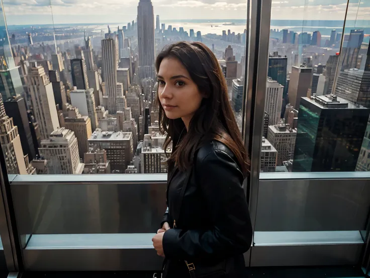 Nueva york desde el rockefeller center en dia de mucho sol y con una mujer en la ventana