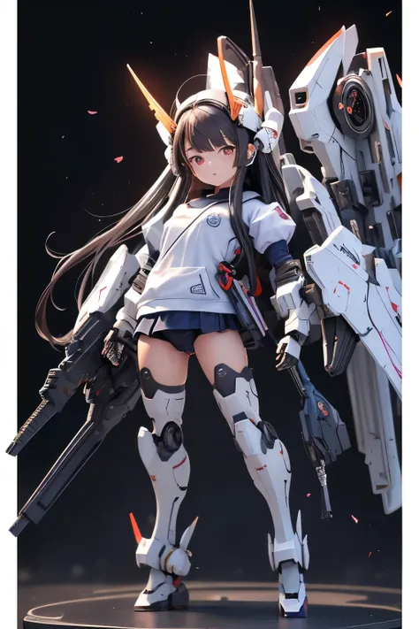 (highest quality)), ((masterpiece)), (very detailed: 1.3), 3D, {(1 young girl)}, (wear navy buruma and white gym uniform with colored hem under armor:1.3), (black hair:1.5), (She is fused with futuristic Gundam mecha:1.2), with headgear, with v-fin , armor...