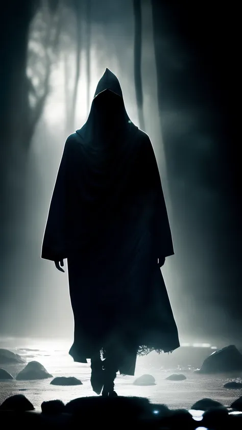 Anonymously cloaked in shadows, an hooded figure emerges from the depths, concealing his identity in volumetric lights and cinematic HDR ultra details. His form, an intricate mosaic of textures and lines, reveals no face, only the subtle play of light on f...