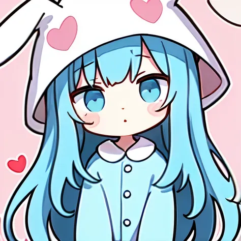 （In 8K, best quality, muste piece:1.2)、ultra high resolution、chibi, 1 pretty girl、floppy ear rabbit hat、pajamas、whole body,heart pattern background,（Margins above the head）