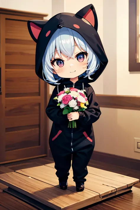 (Chibi:1.3), happy, (holding a bouquet), full body, (Kigurumi), indoors, on the table, (Nendoroid:1.1),