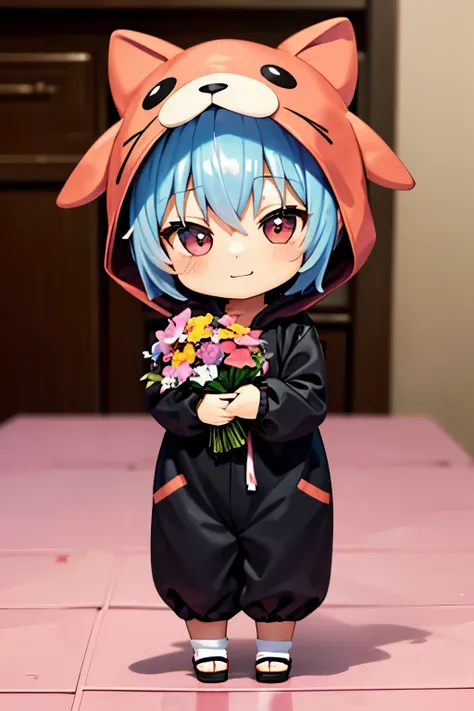 (Chibi:1.3), happy, (holding a bouquet), full body, (Kigurumi), indoors, on the table, (Nendoroid:1.1),