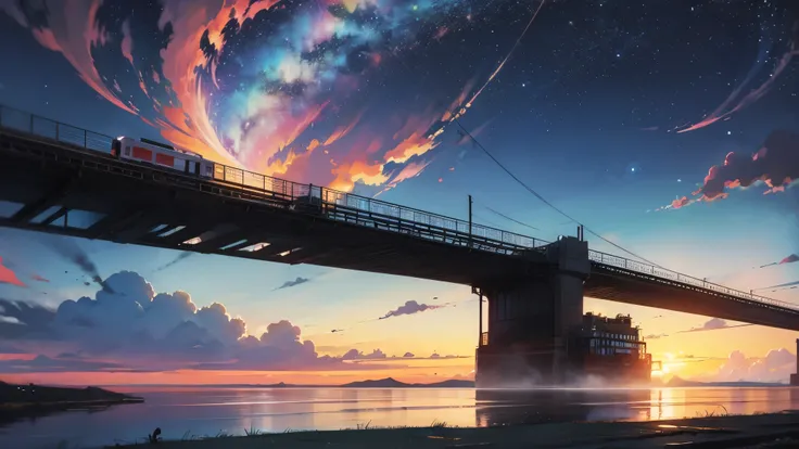 Cartoon train passing through body of water on rails, bright starry sky. romantic train, Picture of Makoto Shinkai, pure, concept art, Lofi Art style, reflection.，Shinkai Makoto animation art style, Lofi Art, beautiful anime scene, anime scenery, detailed ...