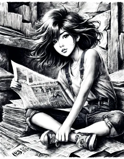 (graphite drawing: 1.3), (girl sitting cross-legged on mountain of old newspapers in basement), (she&#39;s wearing denim suspend...