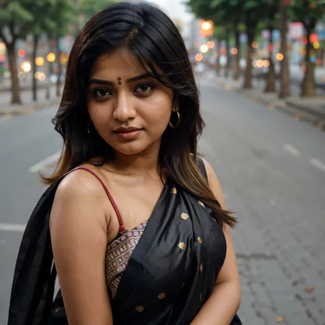 (((desi girl))), chubby face, natural skin, charming black hair, ((hair ends are blonde)), city streets background, bokeh, ultra high resolution, (photorealistic1.4), UHD, shy face , small , sari