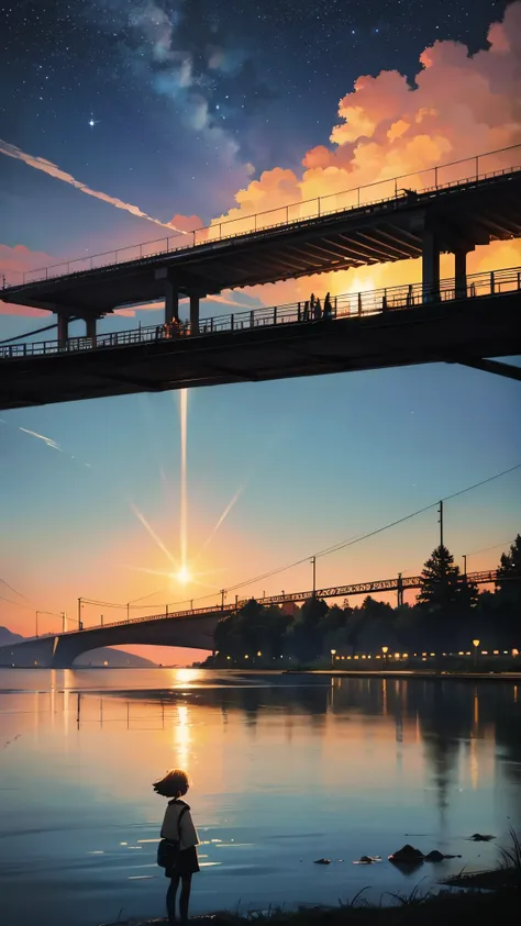 Cartoon train passing through body of water on rails, bright starry sky. romantic train, Picture of Makoto Shinkai, pure, concept art, Lofi Art style, reflection.，Shinkai Makoto animation art style, Lofi Art, beautiful anime scene, anime scenery, detailed ...