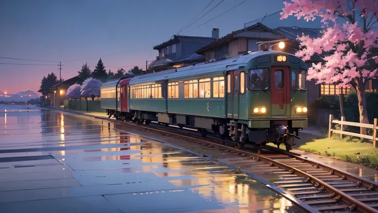 Cartoon train passing through body of water on rails, bright starry sky. romantic train, Picture of Makoto Shinkai, pure, concept art, Lofi Art style, reflection.，Shinkai Makoto animation art style, Lofi Art, beautiful anime scene, anime scenery, detailed ...