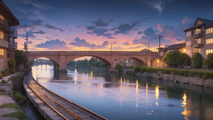 Cartoon train passing through body of water on rails, bright starry sky. romantic train, Picture of Makoto Shinkai, pure, concept art, Lofi Art style, reflection.，Shinkai Makoto animation art style, Lofi Art, beautiful anime scene, anime scenery, detailed ...