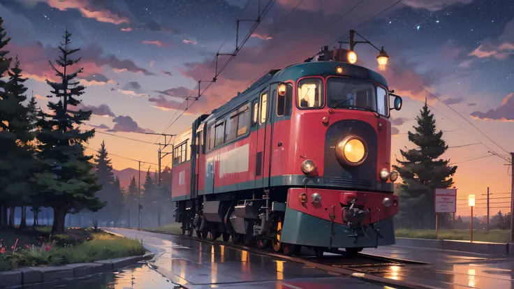 Cartoon train passing through body of water on rails, bright starry sky. romantic train, Picture of Makoto Shinkai, pure, concept art, Lofi Art style, reflection.，Shinkai Makoto animation art style, Lofi Art, beautiful anime scene, anime scenery, detailed ...