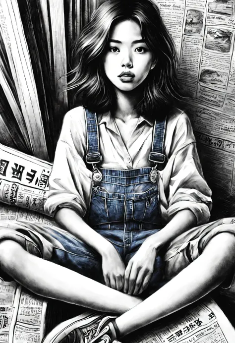 (Graphite drawing: 1.3), (Girl sitting cross-legged on mountain of old newspapers in basement), (She&#39;s wearing denim suspenders), young wild asian face, A bit of a mixed race face, (closure), (Slightly square chin: 0.4), Messy extra-long hair, (Lazy), ...