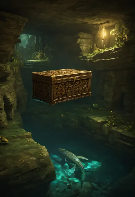 In the depths of an ancient underground river lies a gateway to a fabled treasure concealed within a Pandoras Box, The subterranean waters weave through the labyrinthine passages, shrouded in mystery and guarded by the whispers of forgotten civilizations.,...