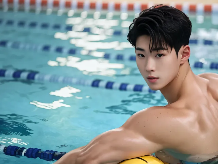 1boy, solo, (masterpiece, ultra quality, high resolution, 8k, intricate: 1.2), (detailed face:1.2), handsome, Young Korean man ,white skin, double eyelids , detailed skin, 1boy, ((realistic)), male focus, ((realistic)), ((pale skin)), volleyball, bulge, sh...