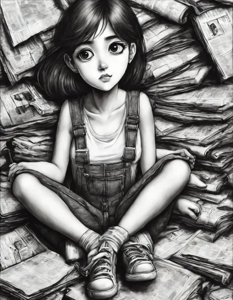 (Graphite drawing: 1.3), (Girl sitting cross-legged on mountain of old newspapers in basement), (She&#39;s wearing denim suspenders), young wild asian face, A bit of a mixed race face, (closure), (Slightly square chin: 0.4), (Lazy), A bit like Vivian, perf...