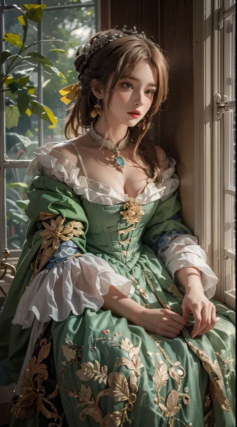 arafed woman in a dress sitting on a window sill, a portrait inspired by Sophie Pemberton, flickr, rococo, 1 7 th century duchess, dressed in a medieval lacy, intricate victorian dress, victorian style costume, rococo queen, in a high renaissance style, we...