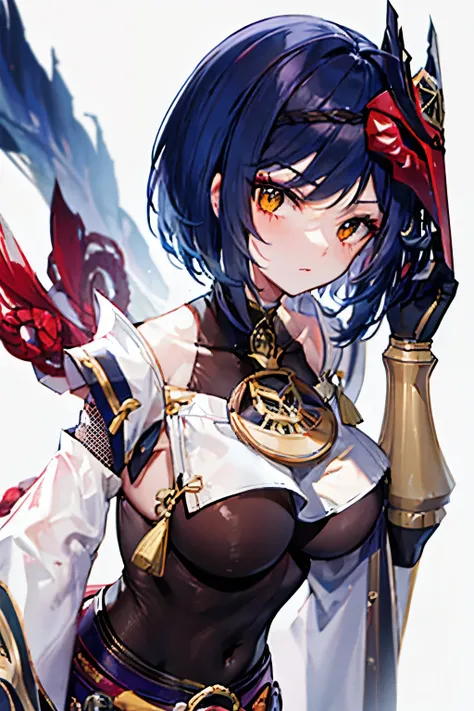 dark blue hair,Red mask,yellow eyes,genshin impact,Hold the bow