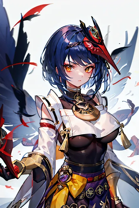 dark blue hair,Red mask,yellow eyes,genshin impact,(Hold the bow),((high resolution)),wing