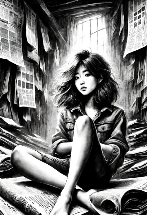 (Graphite painting), (Girl sitting cross-legged on mountain of old newspapers in basement), (She&#39;s wearing denim camisole pants), (She has a young and wild Asian face, Slightly mixed face shape, (closure), (Slightly square chin: 0.4), Messy extra-long ...